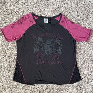 Harley-Davidson Black and Pink Embroidered Tee with lace